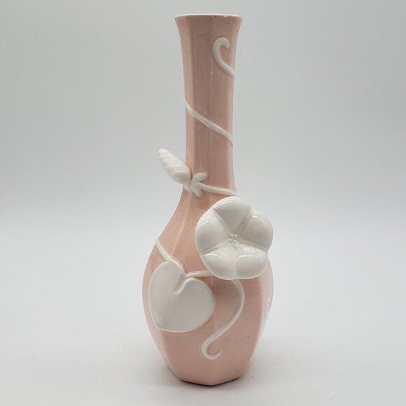 Fitz & Floyd 1982 Ceramic Peach Pink Pastel 3D White Applied Florals Bud Vase - Picture 10 of 10